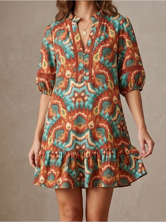 Joy Joy Dresses & Skirts - Joy Joy Rust, Teal & Gold Boho Print Mini Dress with Ruffle Hem and Lace Trim
